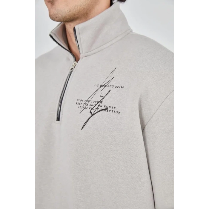 MARSiLYAN- Erkek Yarım Fermuarlı Baskılı Sweat - Boyalı Gri