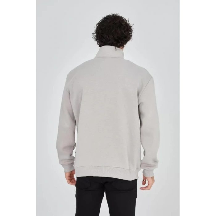 MARSiLYAN- Erkek Yarım Fermuarlı Baskılı Sweat - Boyalı Gri