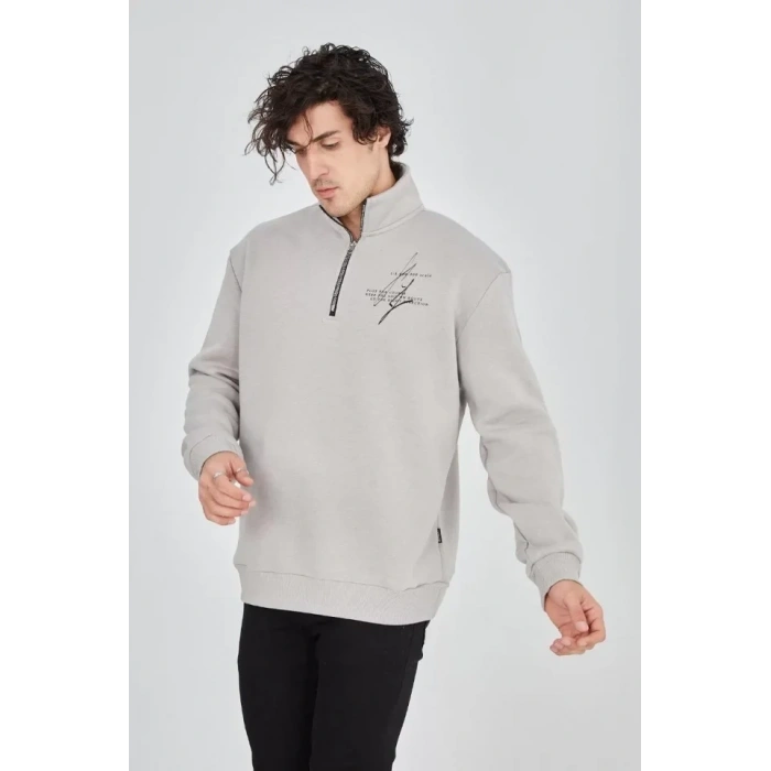 MARSiLYAN- Erkek Yarım Fermuarlı Baskılı Sweat - Boyalı Gri