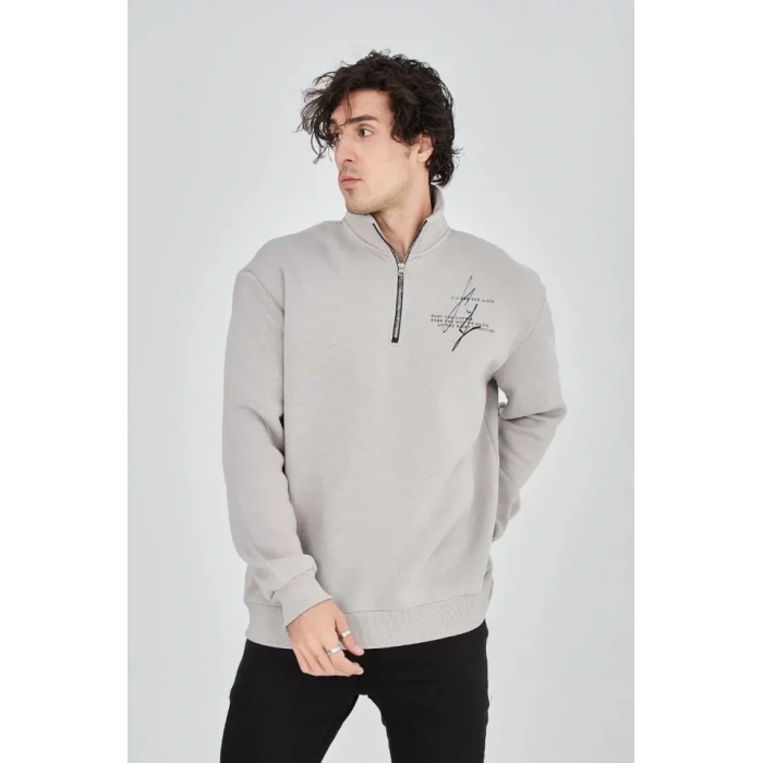 MARSiLYAN- Erkek Yarım Fermuarlı Baskılı Sweat - Boyalı Gri