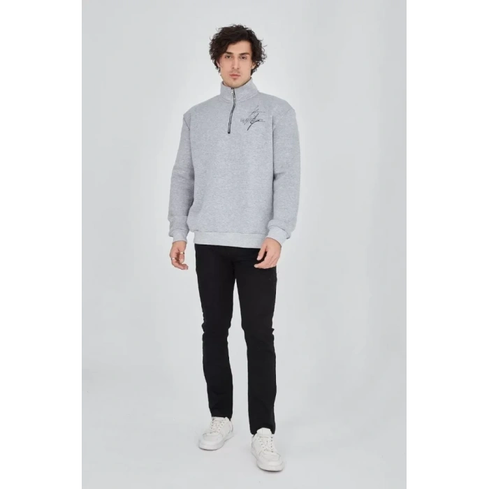 MARSiLYAN- Erkek Yarım Fermuarlı Baskılı Sweat - Gri