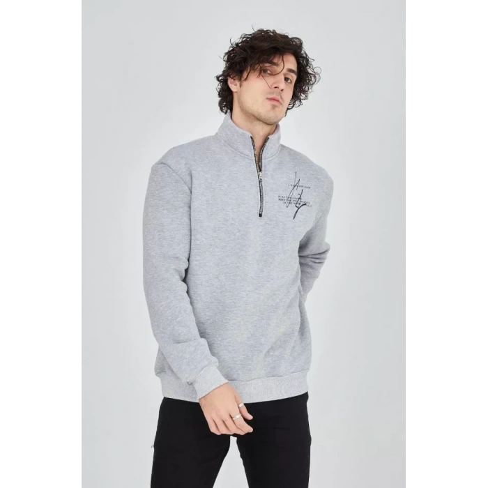 MARSiLYAN- Erkek Yarım Fermuarlı Baskılı Sweat - Gri