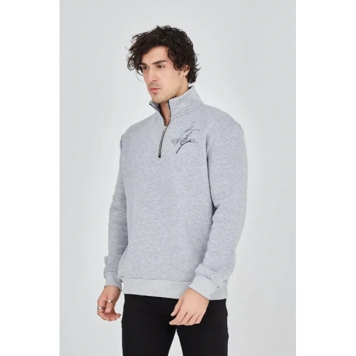 MARSiLYAN- Erkek Yarım Fermuarlı Baskılı Sweat - Gri