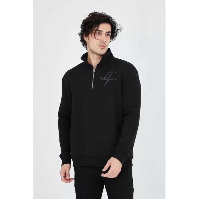 MARSiLYAN- Erkek Yarım Fermuarlı Baskılı Sweat - Siyah