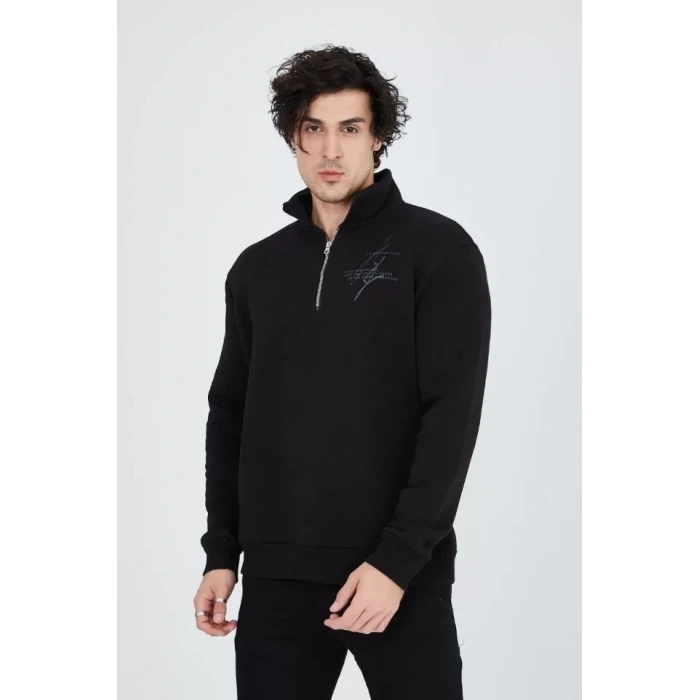 MARSiLYAN- Erkek Yarım Fermuarlı Baskılı Sweat - Siyah