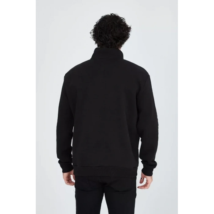 MARSiLYAN- Erkek Yarım Fermuarlı Baskılı Sweat - Siyah