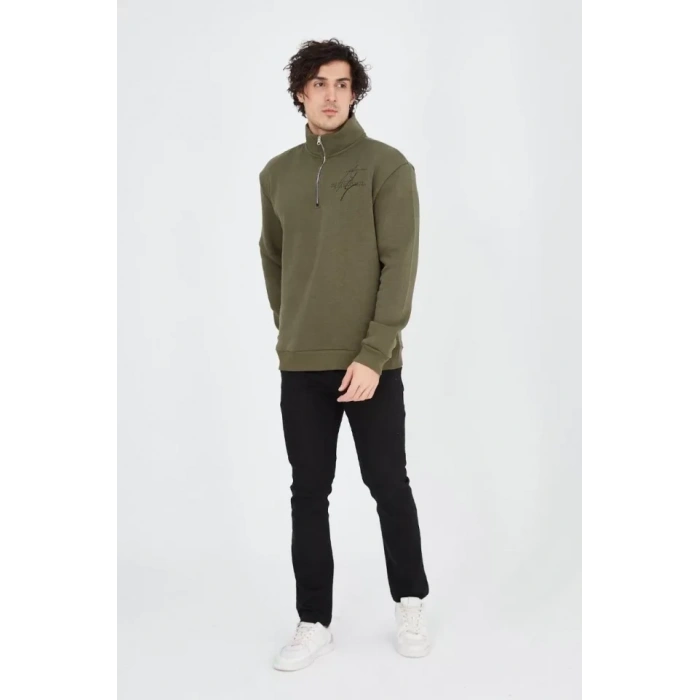 MARSiLYAN- Erkek Yarım Fermuarlı Baskılı Sweat - Yeşil