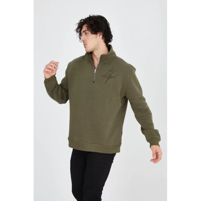 MARSiLYAN- Erkek Yarım Fermuarlı Baskılı Sweat - Yeşil