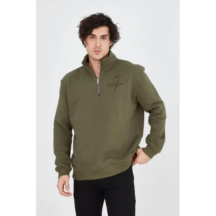 MARSiLYAN- Erkek Yarım Fermuarlı Baskılı Sweat - Yeşil
