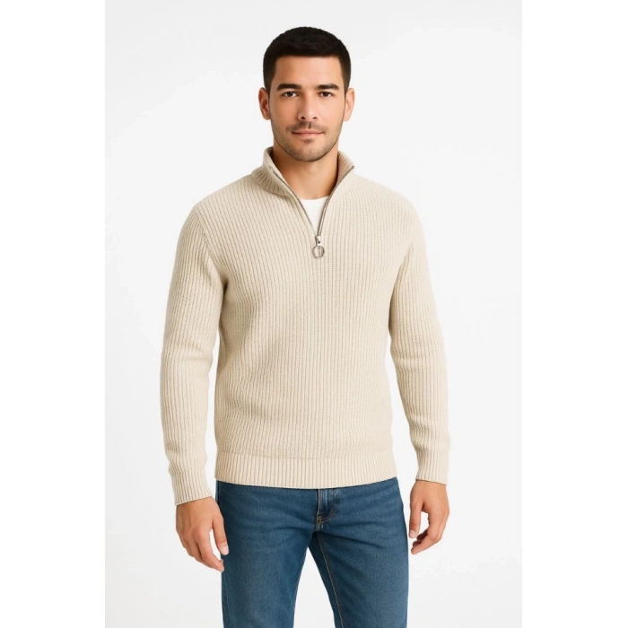 MARSiLYAN- Erkek Yarım Fermuarlı Triko Kazak – Selanik Örgü, Dik Yaka, Pamuklu Dokuma, Regular Fit Uzun Kollu Kışlık Model - Bej