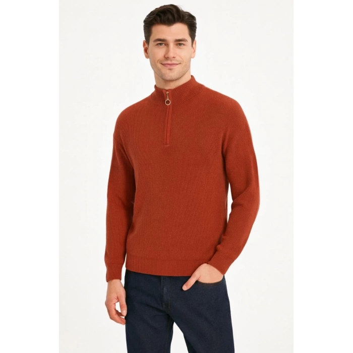 MARSiLYAN- Erkek Yarım Fermuarlı Triko Kazak – Selanik Örgü, Dik Yaka, Pamuklu Dokuma, Regular Fit Uzun Kollu Kışlık Model - Kiremit
