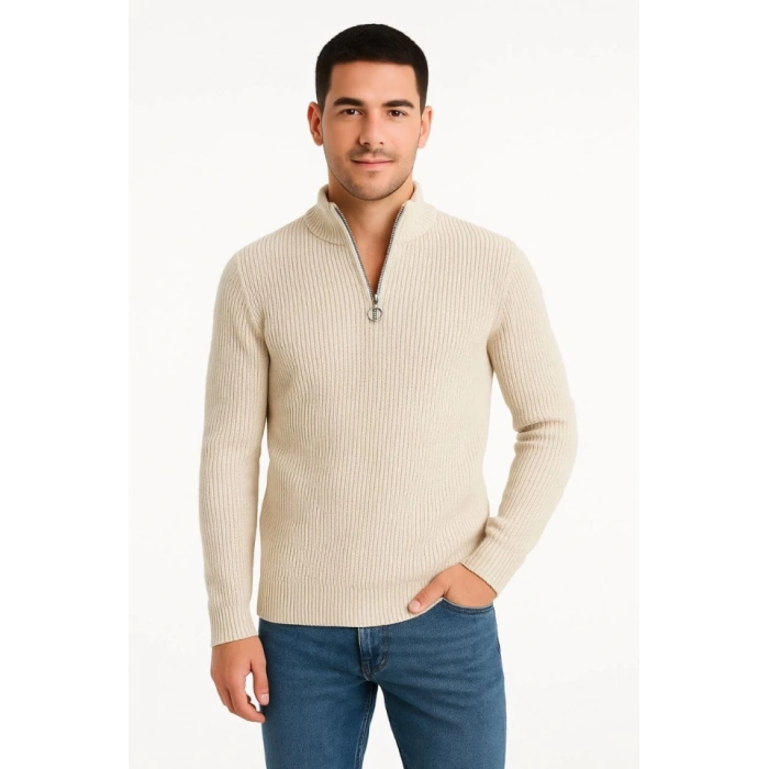 MARSiLYAN- Erkek Yarım Fermuarlı Triko Kazak – Selanik Örgü, Dik Yaka, Pamuklu Dokuma, Regular Fit Uzun Kollu Kışlık Model - Bej