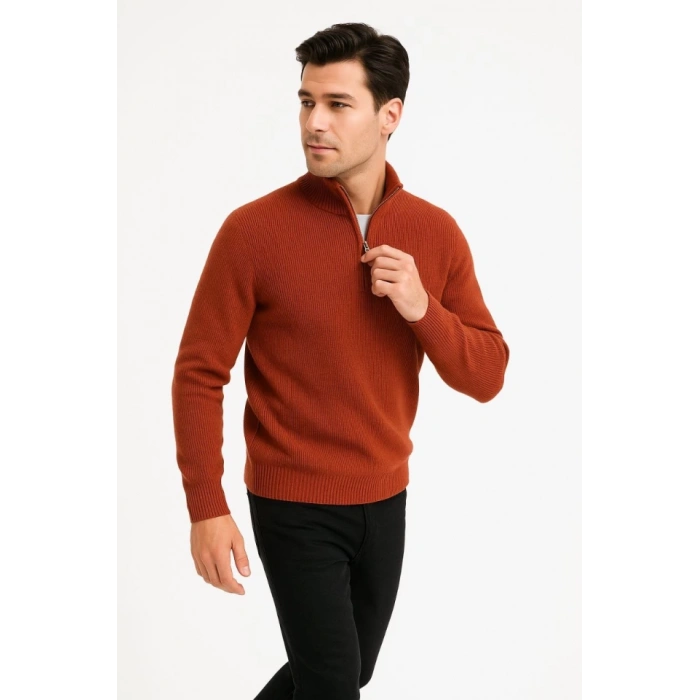 MARSiLYAN- Erkek Yarım Fermuarlı Triko Kazak – Selanik Örgü, Dik Yaka, Pamuklu Dokuma, Regular Fit Uzun Kollu Kışlık Model - Kiremit