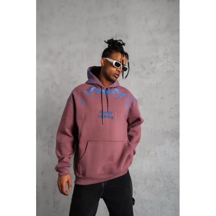 MARSiLYAN- Erkek Yıldırım Baskılı Kapşonlu Sweat - Gül Kurusu