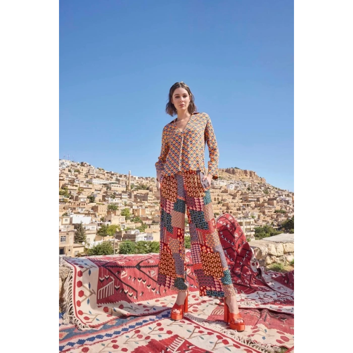 MARSiLYAN- Etnik Desenli Saten Alt Üst Takım