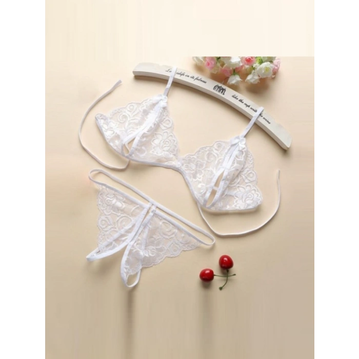 MARSiLYAN-  Fantezi Beyaz Dantelli Seksi Sütyen Kilot Takım TG279706