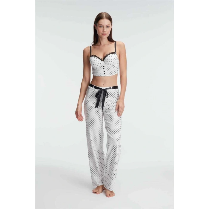 MARSiLYAN-  Fantezi Bralet Sütyen Pamuklu Puantiye Desenli Desteksiz Dantel Detaylı Pijama Takımı