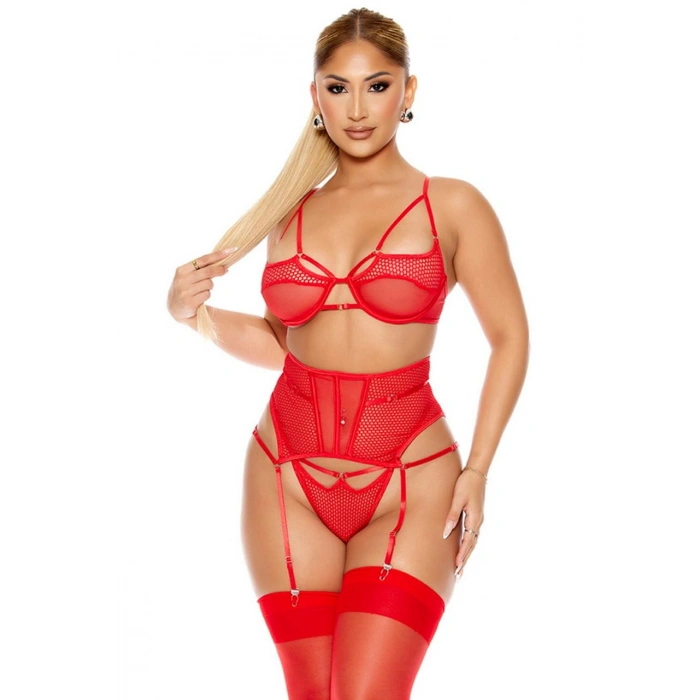 MARSiLYAN- Fantezi File Tül Detaylı Kırmızı Jartiyer  Takım