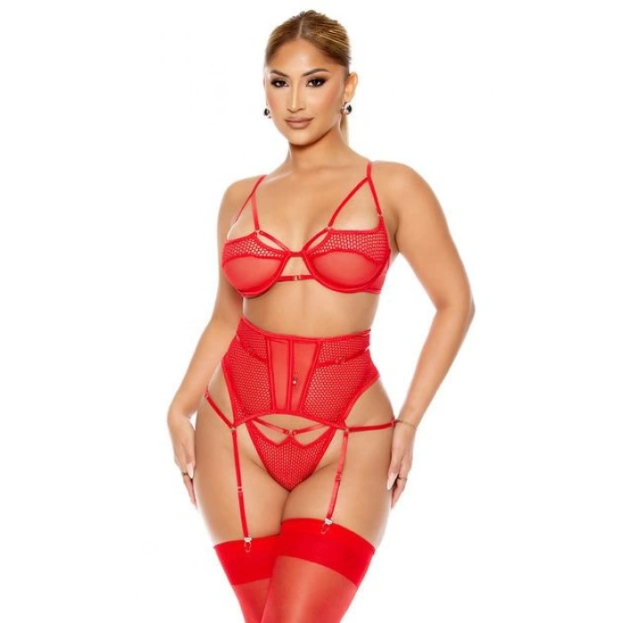 MARSiLYAN- Fantezi File Tül Detaylı Kırmızı Jartiyer  Takım