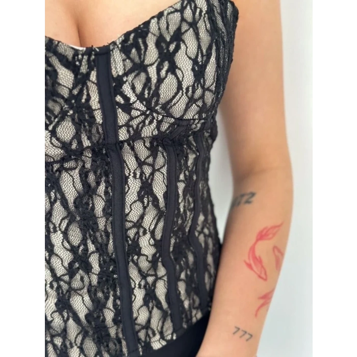 MARSiLYAN- Fermuarlı Dantel Korse Straplez Bustiyer Transparan Şık Top - Bej