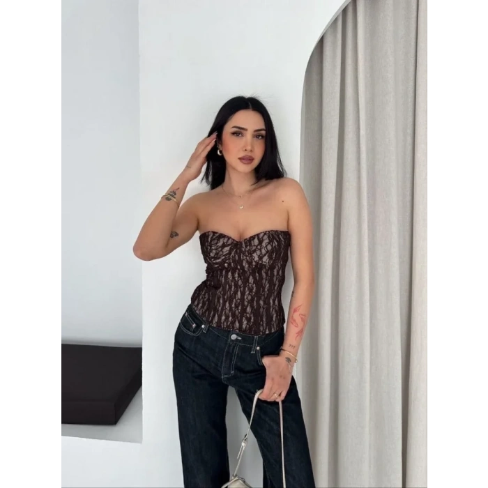 MARSiLYAN- Fermuarlı Dantel Korse Straplez Bustiyer Transparan Şık Top - Kahverengi
