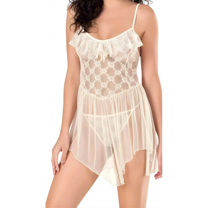 MARSiLYAN-  Fildişi Tül Mini Gecelik Zarif Kadın Gece Elbisesi