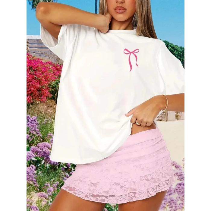 MARSiLYAN- Fiyonk Baskılı Oversize Bisiklet Yaka Tshirt