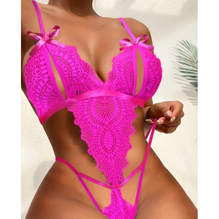 MARSiLYAN- Fiyonklu Dantelli Fuşya Fantezi Body