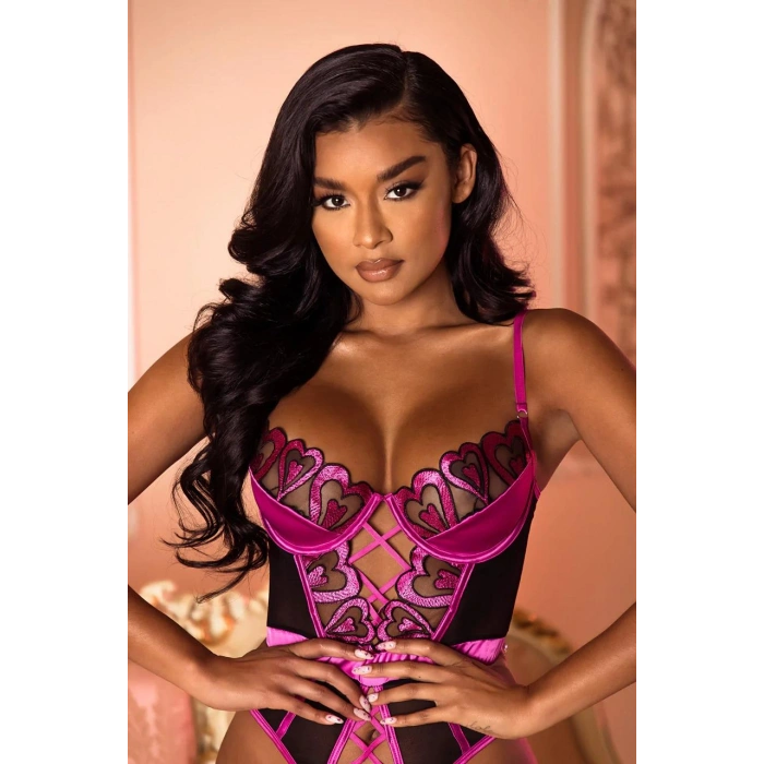 MARSiLYAN- Fuşya Dantel İşlemeli Kalp Desenli Fantezi Gecelik Body Takımı