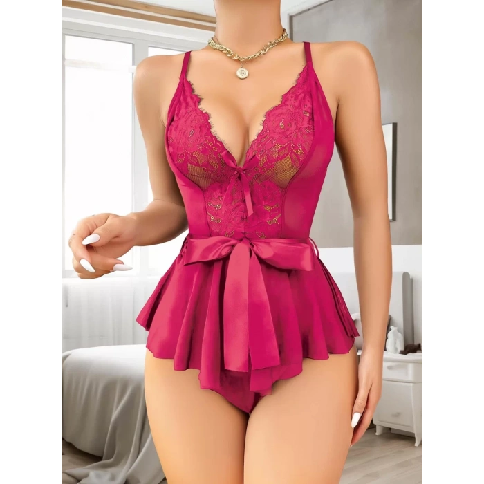 MARSiLYAN- Fuşya Dantel İşlemeli Kurdelalı Fantezi Tül Babydoll