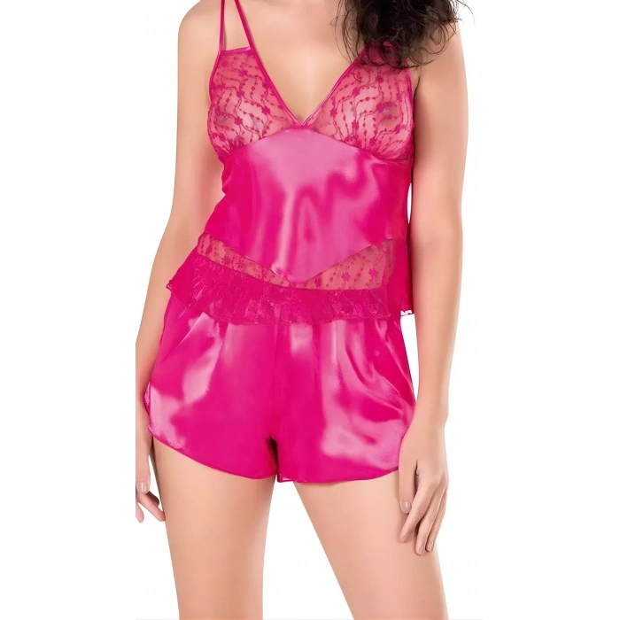 MARSiLYAN-  Fuşya Saten Babydoll Şort Takımı Zarif Kadın Gece Giyim