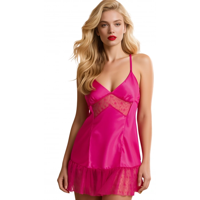 MARSiLYAN-  Fuşya Saten Mini Gecelik Zarif Kadın Gece Elbisesi