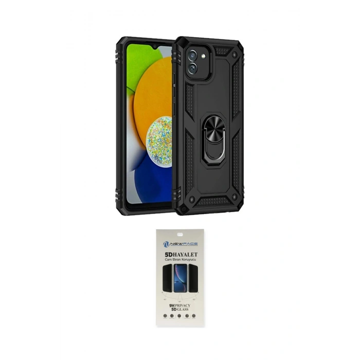 MARSİLYAN™- Galaxy A03 Kılıf Ahenk Klasik Koleksiyonu - Siyah 5D Hayalet Cam Ekran Koruyucu