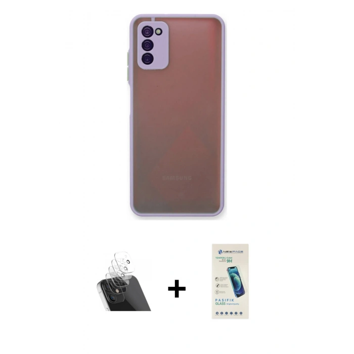 MARSİLYAN™- Galaxy A03S Kılıf Ahenk Çizgi Serisi - Şeffaf Pasifik Cam Ekran Koruyucu + Kamera Lens Koruma Cam - SF
