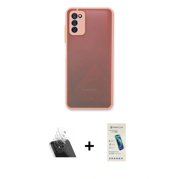 MARSİLYAN™- Galaxy A03S Kılıf Ahenk Çizgi Serisi - Şeffaf Pasifik Cam Ekran Koruyucu + Kamera Lens Koruma Cam - SF