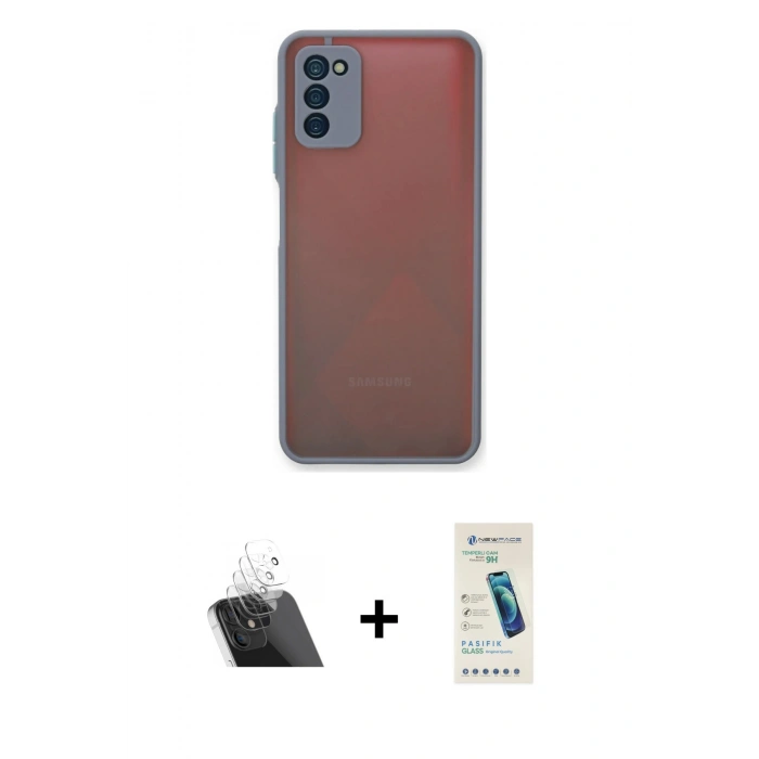 MARSİLYAN™- Galaxy A03S Kılıf Ahenk Çizgi Serisi - Şeffaf Pasifik Cam Ekran Koruyucu + Kamera Lens Koruma Cam - SF