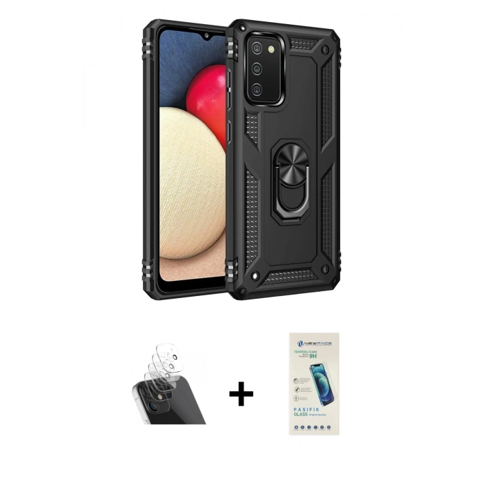 MARSİLYAN™- Galaxy A03S Kılıf Ahenk Klasik Koleksiyonu - Şeffaf Pasifik Cam Ekran Koruyucu + Kamera Lens Koruma Cam - SF