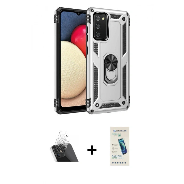 MARSİLYAN™- Galaxy A03S Kılıf Ahenk Klasik Koleksiyonu - Şeffaf Pasifik Cam Ekran Koruyucu + Kamera Lens Koruma Cam - SF