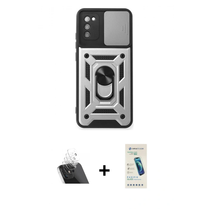 MARSİLYAN™- Galaxy A03S Kılıf Ahenk Klasik - Şeffaf Pasifik Cam Ekran Koruyucu + Kamera Lens Koruma Cam - SF