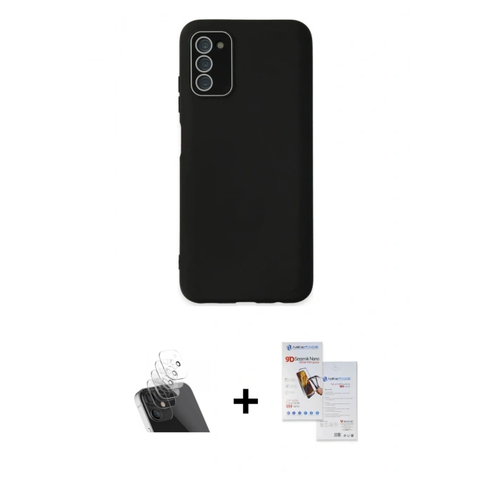 MARSİLYAN™- Galaxy A03S Kılıf Çekirdek Modern Serisi - Siyah Seramik Nano Ekran Koruyucu + Kamera Lens Koruma Cam - SF