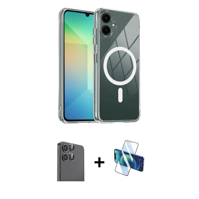 MARSİLYAN™- Galaxy A06 Kılıf Ahenk Minimal Serisi - Siyah 3D Antistatik Cam Ekran Koruyucu + Raze Metal Kamera Lens - SH
