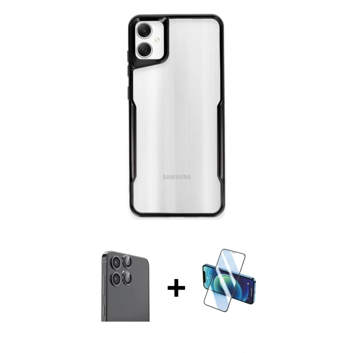 MARSİLYAN™- Galaxy A06 Kılıf Akış Çizgi Koleksiyonu - Siyah 3D Antistatik Seramik Nano Ekran Koruyucu + Raze Metal Kamera Lens - SH