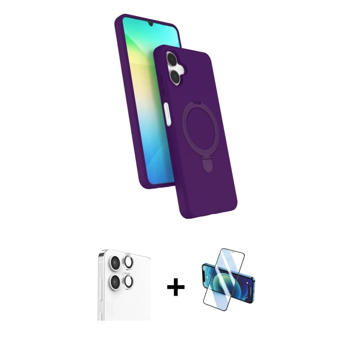 MARSİLYAN™- Galaxy A06 Kılıf İz Işık Koleksiyonu - Siyah 3D Antistatik Cam Ekran Koruyucu + Gümüş Raze Metal Kamera Lens
