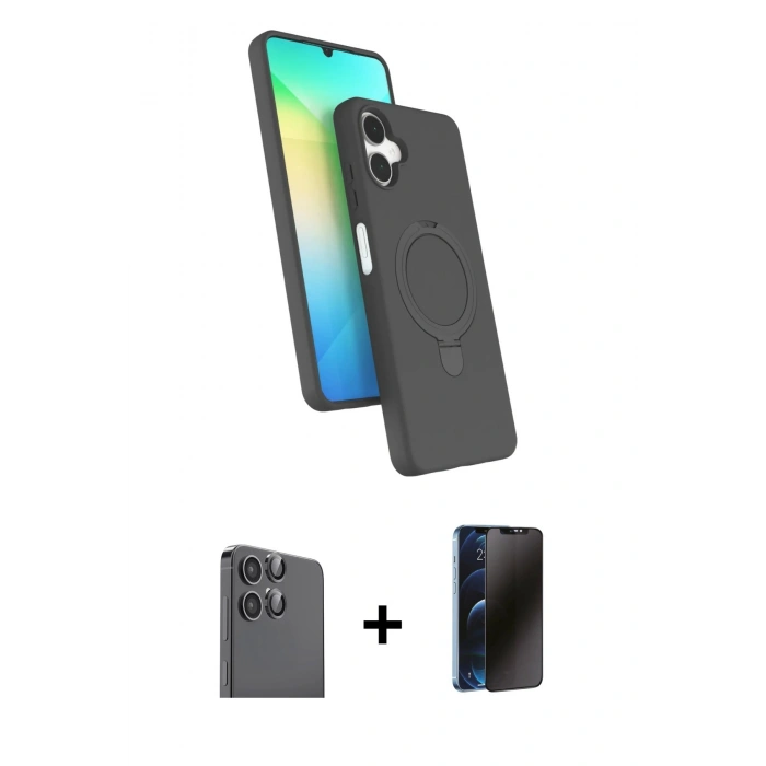 MARSİLYAN™- Galaxy A06 Kılıf İz Işık Koleksiyonu - Siyah 3D Antistatik Hayalet Cam Ekran Koruyucu + Raze Metal Kamera Lens - SH
