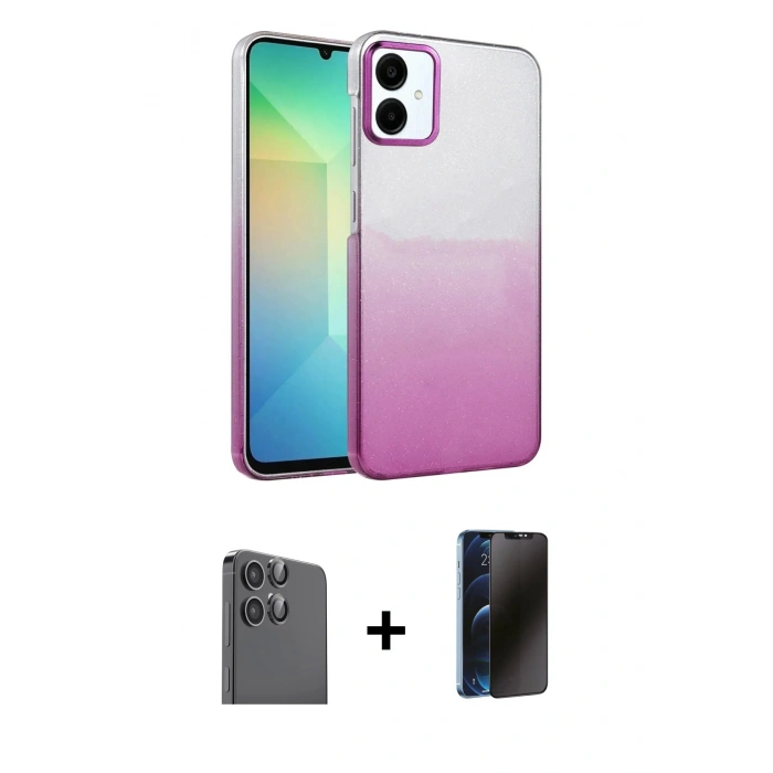 MARSİLYAN™- Galaxy A06 Kılıf Kıvılcım Minimal Özel Seri - Siyah 3D Antistatik Hayalet Cam Ekran Koruyucu + Raze Metal Kamera Lens - SH