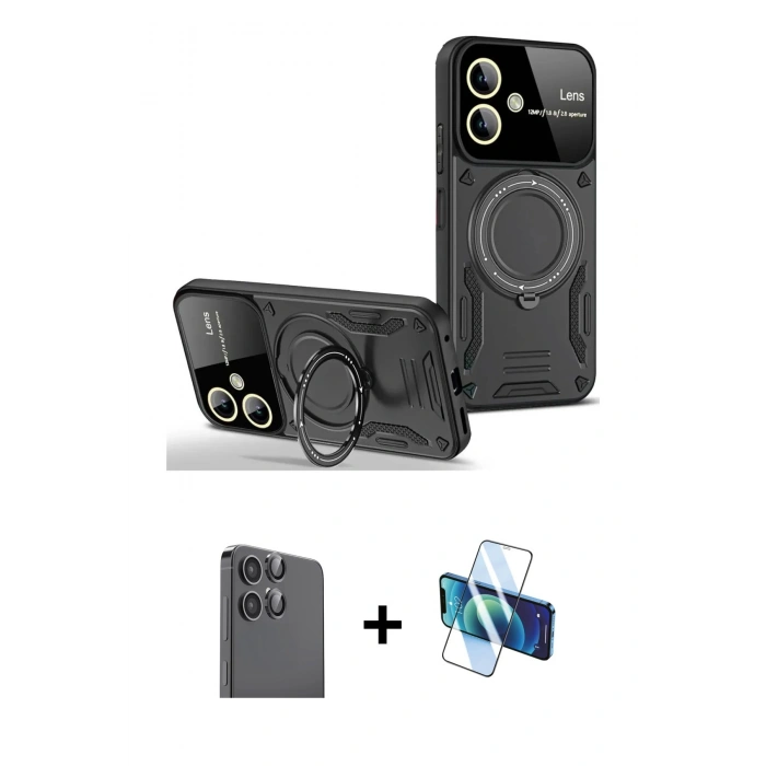 MARSİLYAN™- Galaxy A06 Kılıf Kıvılcım Modern Serisi - Siyah 3D Antistatik Cam Ekran Koruyucu + Raze Metal Kamera Lens - SH