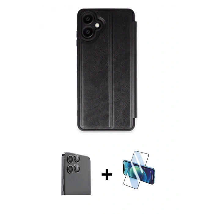 MARSİLYAN™- Galaxy A06 Kılıf Zirve Yansıma Serisi - Siyah 3D Antistatik Seramik Nano Ekran Koruyucu + Raze Metal Kamera Lens - SH