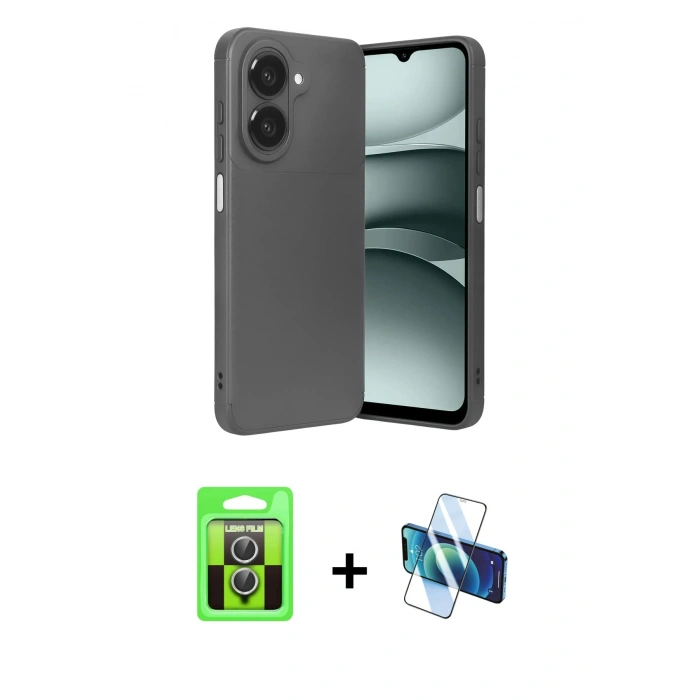 MARSİLYAN™- Galaxy A07 4G Kılıf Eksen Form Prime - Siyah 3D Antistatik Cam Ekran Koruyucu + Raze Metal Kamera Lens - GS