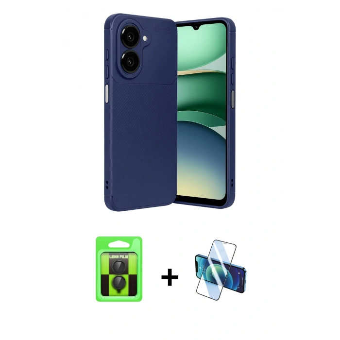 MARSİLYAN™- Galaxy A07 4G Kılıf Eksen Form Prime - Siyah 3D Antistatik Cam Ekran Koruyucu + Raze Metal Kamera Lens - SH