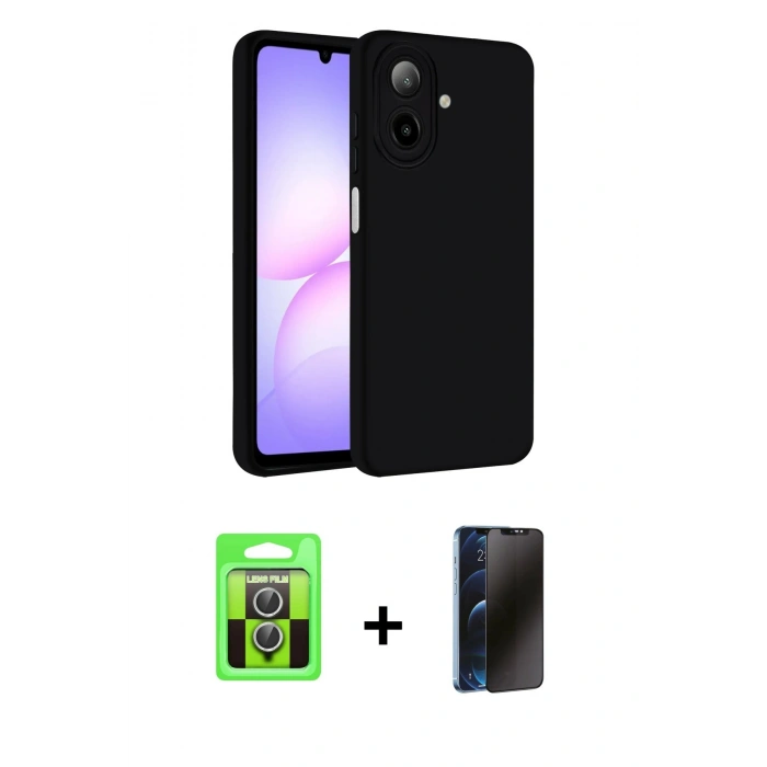 MARSİLYAN™- Galaxy A07 4G Kılıf Kozmos Yansıma Özel Seri - Siyah 3D Antistatik Hayalet Cam Ekran Koruyucu + Raze Metal Kamera Lens - GS